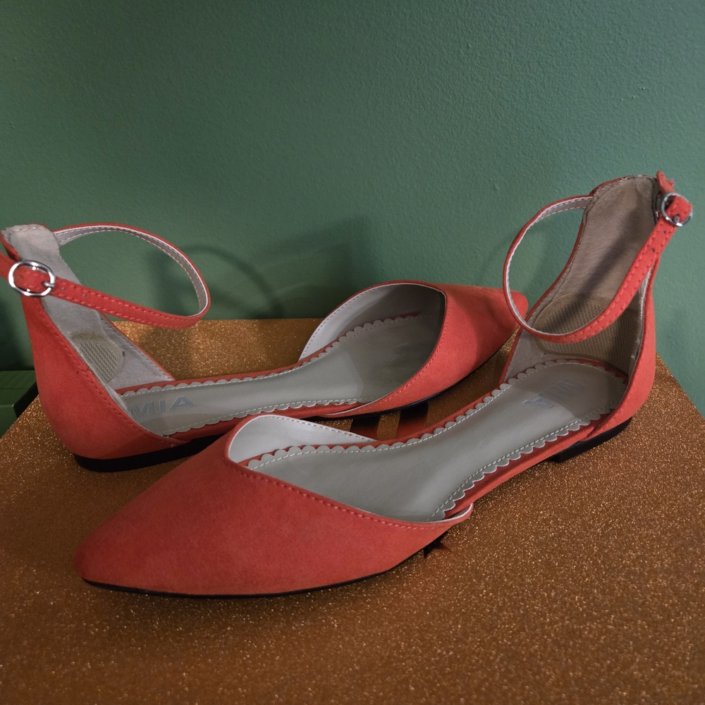 MIA Bright Coral Ankle Strap Flats